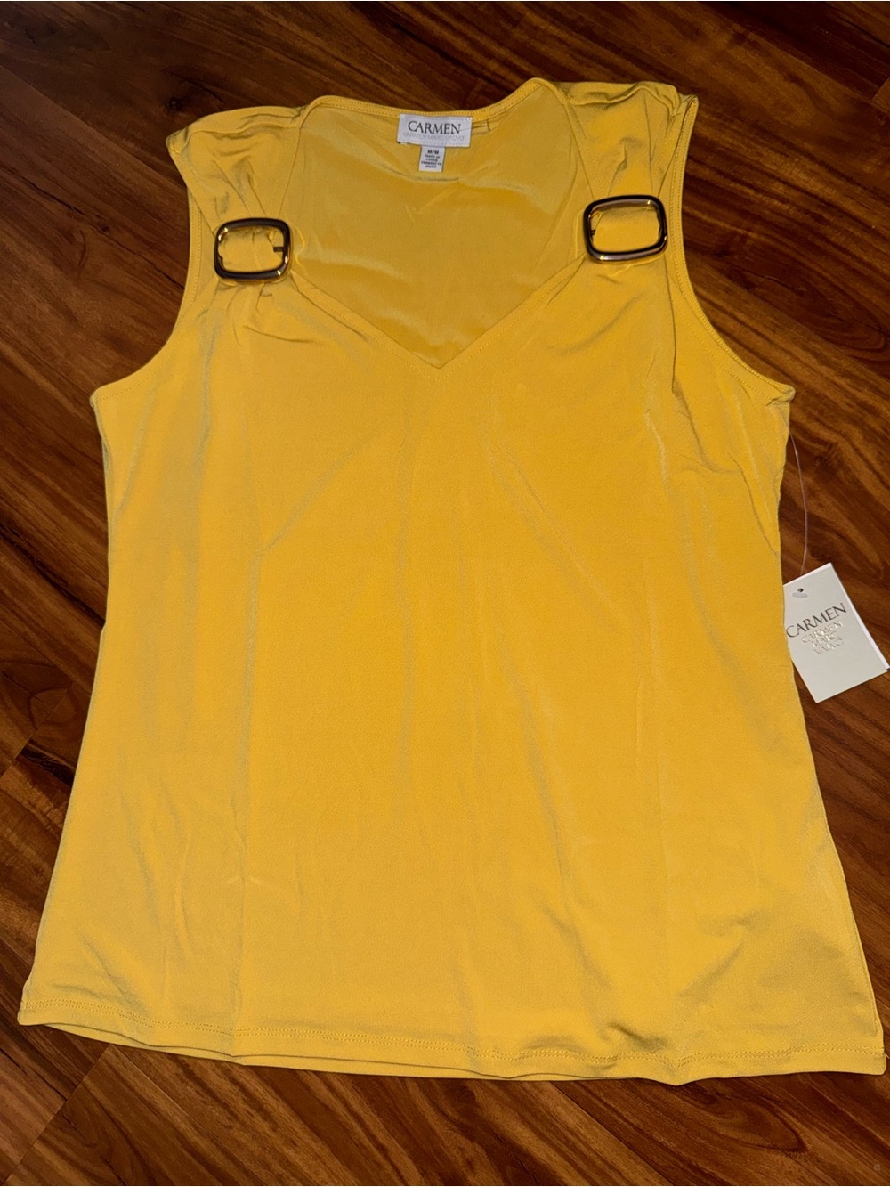 Carmen Marc Valvo Bright Yellow V-Neck Tank with Buckle Straps